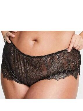 Figleaves Curve ASOS Panty Sz 8 French Cut Briefs Lurex Black Frilly Lace Sheer